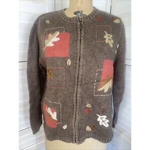 Croft & Barrow Brown Acrylic Blend Cardigan Sweater Medium Autumn Fall Leaves